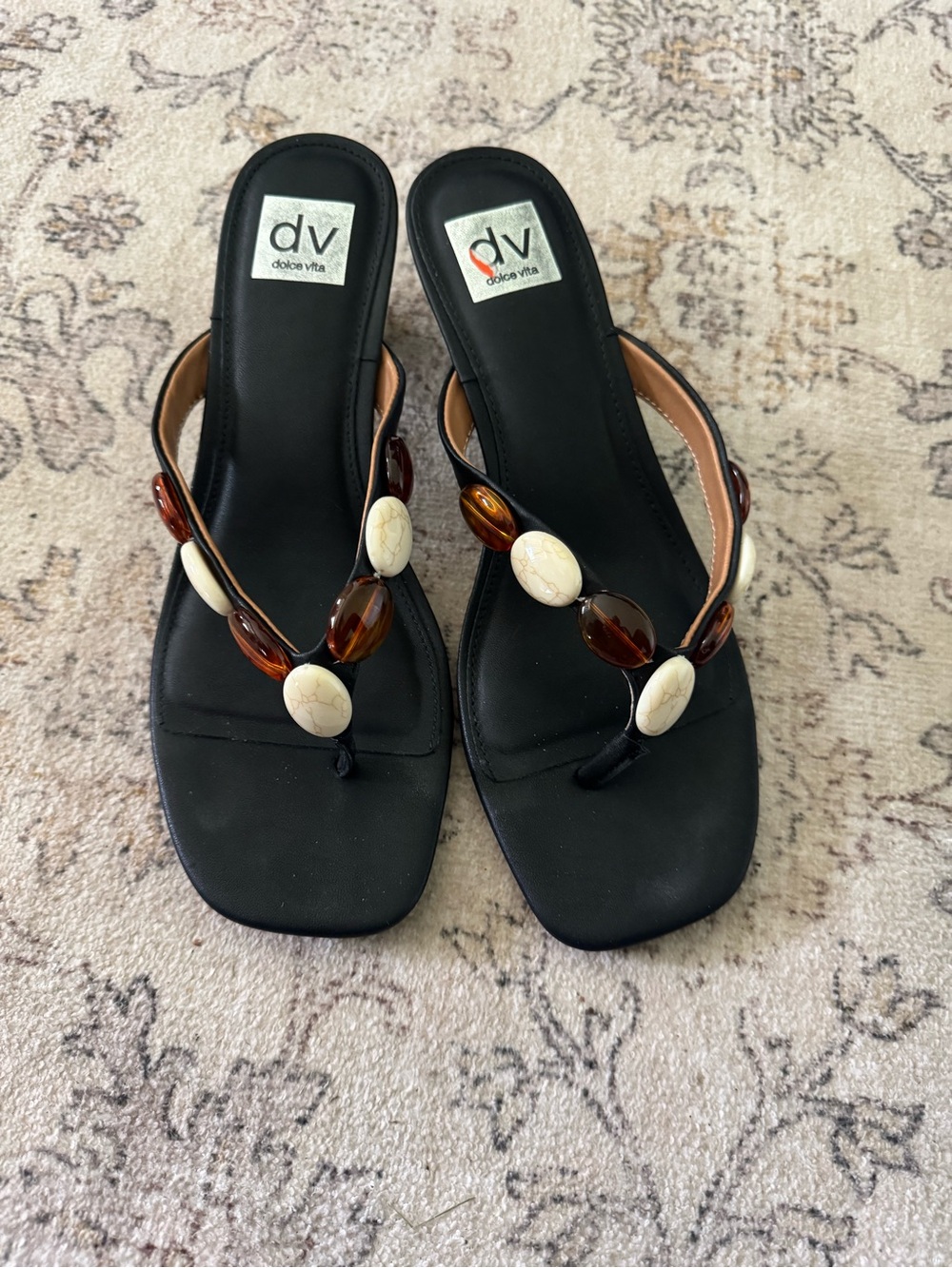 DV by Dolce Vita Black Thong Sandals with Brown and Cream Beads